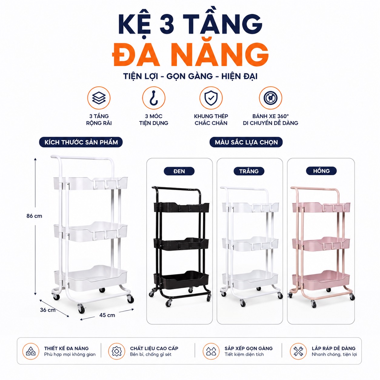 Kệ 3 tầng đa năng Đại Vĩ có bánh xe