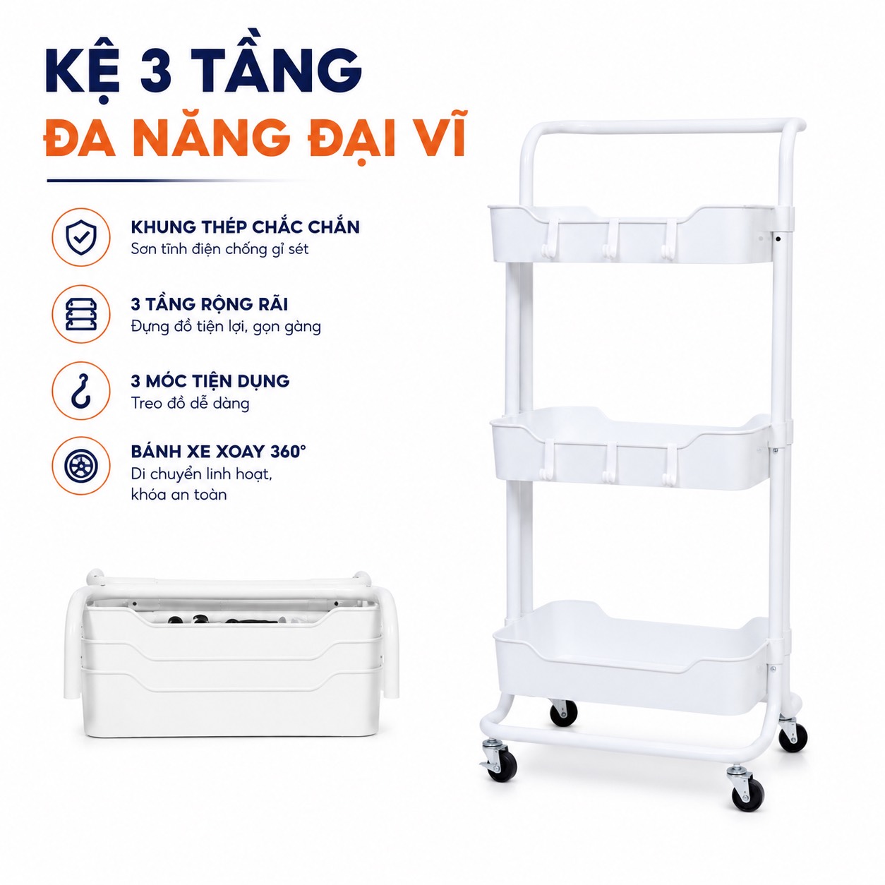 Kệ 3 tầng đa năng Đại Vĩ khung thép sơn tĩnh điện chắc chắn
