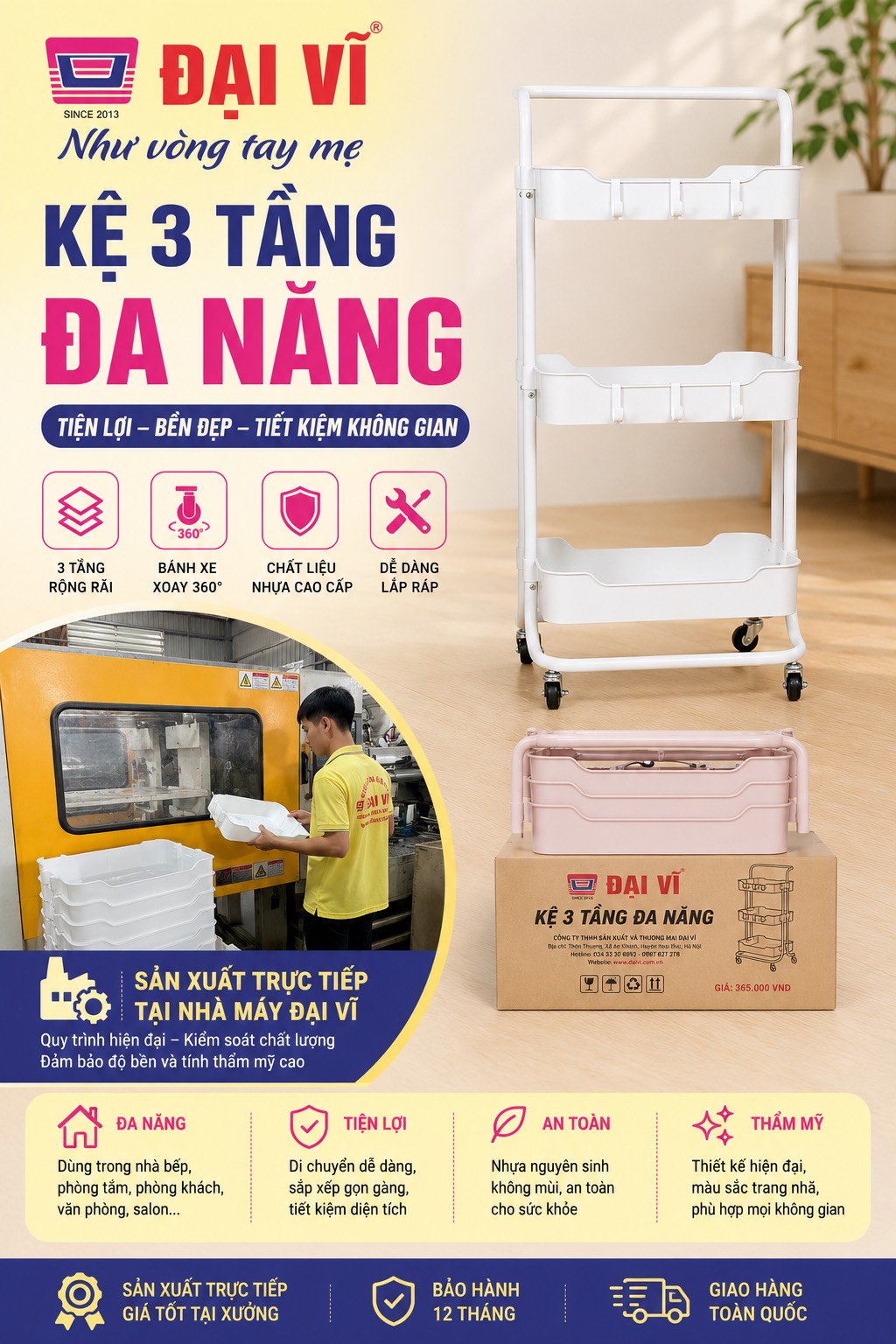 Kệ 3 tầng đa năng Đại Vĩ sử dụng trong nhà bếp