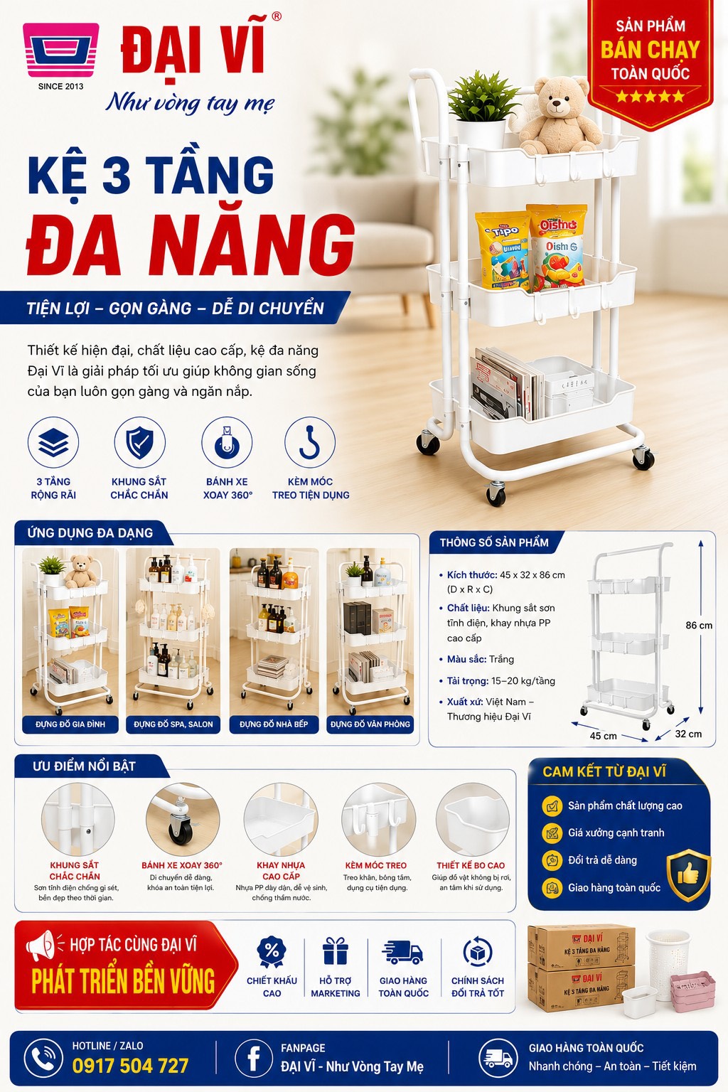 Kệ 3 tầng đa năng Đại Vĩ để đồ gia đình